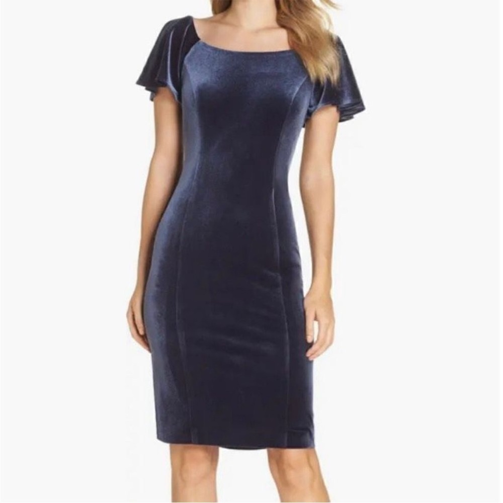 Eliza J Velvet Sheath Dress Scoop Neck Flutter Sleeve Knee Length Size 6P Navy